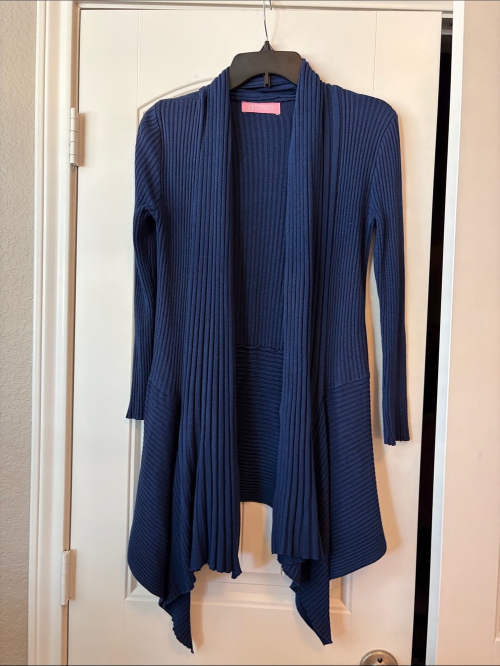 Ribbed Open-Front Long Cardigan - Navy